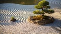 a peaceful scene depicting a traditional Japanese garden with a koi pond, meticulously raked gravel Royalty Free Stock Photo