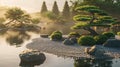 a peaceful scene depicting a traditional Japanese garden with a koi pond, meticulously raked gravel Royalty Free Stock Photo