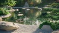 a peaceful scene depicting a traditional Japanese garden with a koi pond, meticulously raked gravel Royalty Free Stock Photo