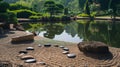 a peaceful scene depicting a traditional Japanese garden with a koi pond, meticulously raked gravel Royalty Free Stock Photo