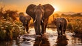 A peaceful scene of a family of elephants drinking from a river