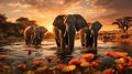 A peaceful scene of a family of elephants drinking from a river
