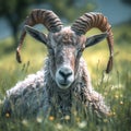 Peaceful scene gray horned animal on vibrant green grass