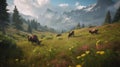 Alpine Cows Grazing on Wildflowers. Generative AI Royalty Free Stock Photo