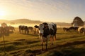 A peaceful scene of a herd of cows grazing on a vibrant, green field in the serene countryside, Organic dairy cows grazing in the