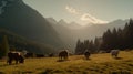 Serene Grazing: Cows in Wildflower Mountain Meadow. Generative AI Royalty Free Stock Photo