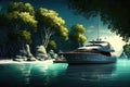 peaceful scene, with luxury yacht and tranquil waters, a perfect getaway