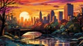 Vibrant Cityscape At Sunset: A Stunning Artistic Interpretation