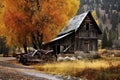 A peaceful scene of an old log cabin nestled in the mountains, with a tall tree in the foreground, An old, rustic barn in an Royalty Free Stock Photo