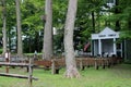 Large outdoor clearing with benches and temple for worship, Lily Dale Assembly, Pomfret, New York, 2018