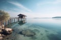 Calm, Relaxing Sea at a Zen Pier With a House at the End, on a Bright Summer Day - Generative AI