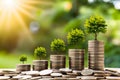 A peaceful scene of sunlight, growing trees on stacks of coins, representing growth and investment Royalty Free Stock Photo