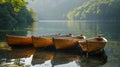 Peaceful scenery boats securely moored on the calm, tranquil waters of the serene lake