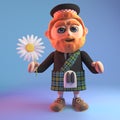 Peaceful Scottish man in kilt with a red beard holding a daisy flower, 3d illustration