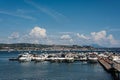 Peaceful sea vacation on a yacht boat in a bay on the Tyrrhenian Sea near Naples. Parking, chartering, board rental Royalty Free Stock Photo