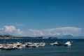 Peaceful sea vacation on a yacht boat in a bay on the Tyrrhenian Sea near Naples. Parking, chartering, board rental Royalty Free Stock Photo