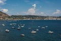 Peaceful sea vacation on a yacht boat in a bay on the Tyrrhenian Sea near Naples. Parking, chartering, board rental