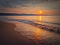 Peaceful seascape, silent morning seaside with beautiful sunrise above the hills and foamy waves hitting the sand. Dawn at the sea