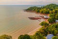 Peaceful seascape view with fisherman village on the beach in th