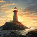 Peaceful seaside landscape with a lighthouse. Lighthouse with a barn on the rocks by the sea. Navigation lighthouse Royalty Free Stock Photo