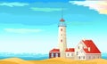 Peaceful seaside landscape with white lighthouse on shore and building for lighthouse keeper