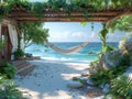 Peaceful seaside retreat with breezy curtains and a hammock3D render