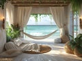 Peaceful seaside retreat with breezy curtains and a hammock3D render