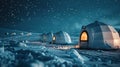 The peaceful and serene atmosphere of a snowy landscape with a row of igloos lining the horizon each with their own Royalty Free Stock Photo