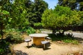 Peaceful and serene wooden benches around circular stone table in park garden on bright day