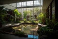 peaceful serenity of indoor garden, with water features and natural light