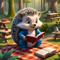 In the peaceful setting of a forested picnic area, an adorable cartoon hedgehog is engrossed in a book.