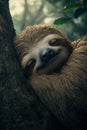 Peaceful sloth sleeping on tree in lush forest with sunlit mist and tranquil atmosphere Royalty Free Stock Photo