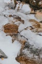 there is a small stream that runs through the woods in the snow