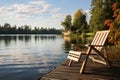 Peaceful solitude Wooden dock and lounge chair on a calm lake