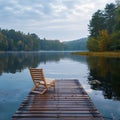 Peaceful solitude Wooden dock and lounge chair on a calm lake