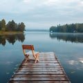 Peaceful solitude Wooden dock and lounge chair on a calm lake