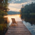 Peaceful solitude Wooden dock and lounge chair on a calm lake