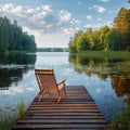 Peaceful solitude Wooden dock and lounge chair on a calm lake