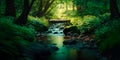 Peaceful stream flowing through a lush green forest Generative AI Royalty Free Stock Photo