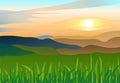 Peaceful summer landscape with calm mountains and hills at sunset sunrise. Vacation and Outdoor Banner. Recreation Restore and Royalty Free Stock Photo
