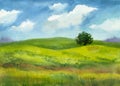 Peaceful watercolor landscape with green grass, lonely tree, clouds on blue sky, rural scene background with hills,