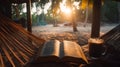 Peaceful Sunrise Beach Hammock Book Coffee Relaxation Royalty Free Stock Photo