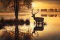 peaceful sunrise, with deer and its reflection in tranquil lake