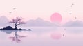 Serene Japanese Landscape with Blooming Tree, Pink Sun, Mountains, and Birds Royalty Free Stock Photo