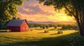 Golden Hour Farm Scene Red Barn, Hay Bales, and Sunset Over Rolling Hills Royalty Free Stock Photo