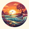 Peaceful Sunset Surfing Scene with Magical Sea Creatures