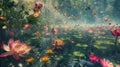 The peaceful surface of the lotus pond disrupted by a stunning explosion of bright swirling flowers