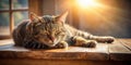 Peaceful tabby cat napping on a sun-drenched wooden surface near a window. Generative AI Royalty Free Stock Photo