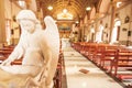 Peaceful time, old church interior with sun beams through window