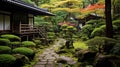 A peaceful and tranquil scene of a traditional Japanese garden with a lantern and a waterfall Royalty Free Stock Photo